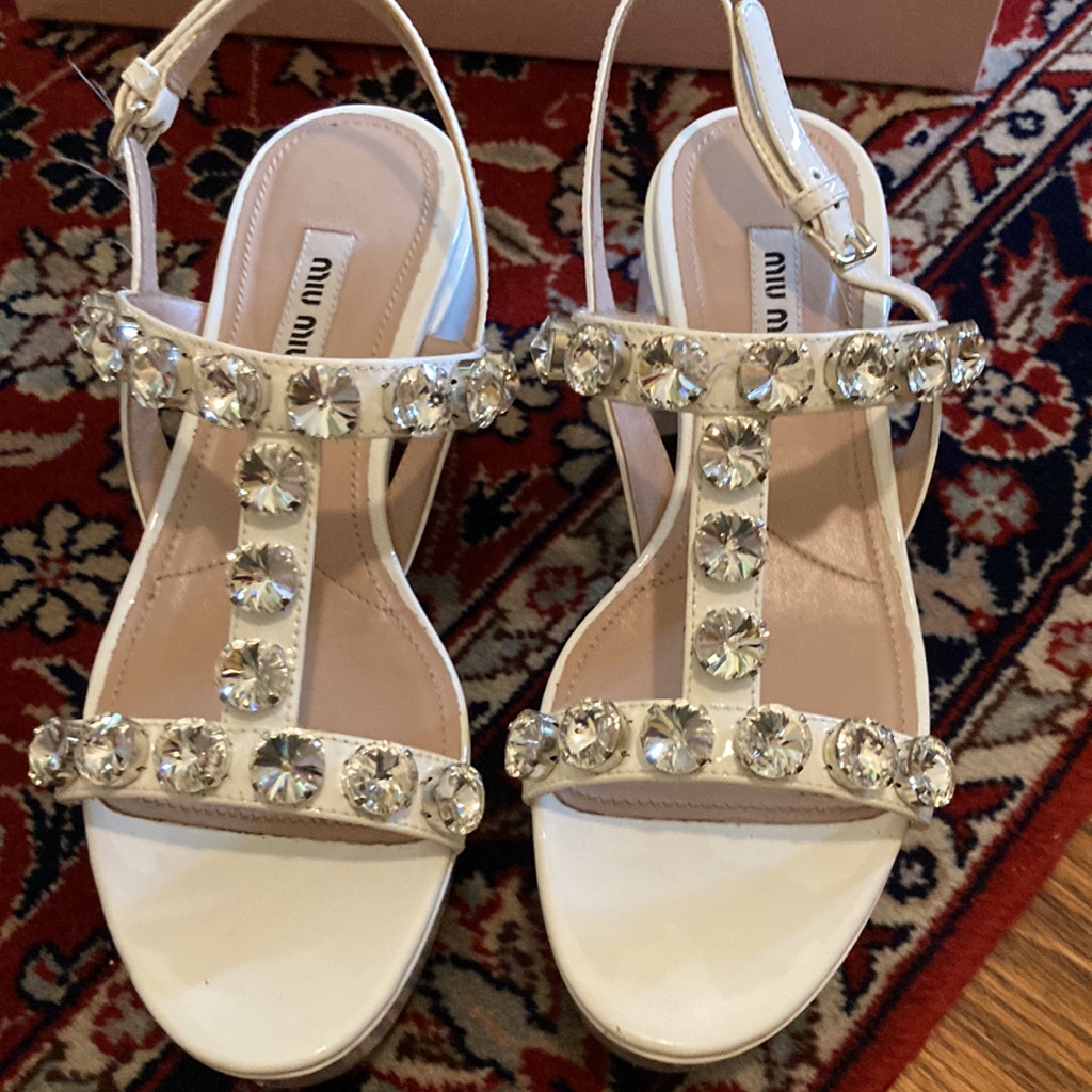 Miu Miu Embellished T Strap Platform White Sandal Size 37. Box Included.